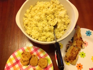 Curried rice and fish (and chicken nuggets for the kids). 
