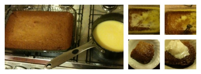 Make cake and sauce. Drench cake with sauce, pricking to make it soak in faster. Serve...with more cream if you want! 
